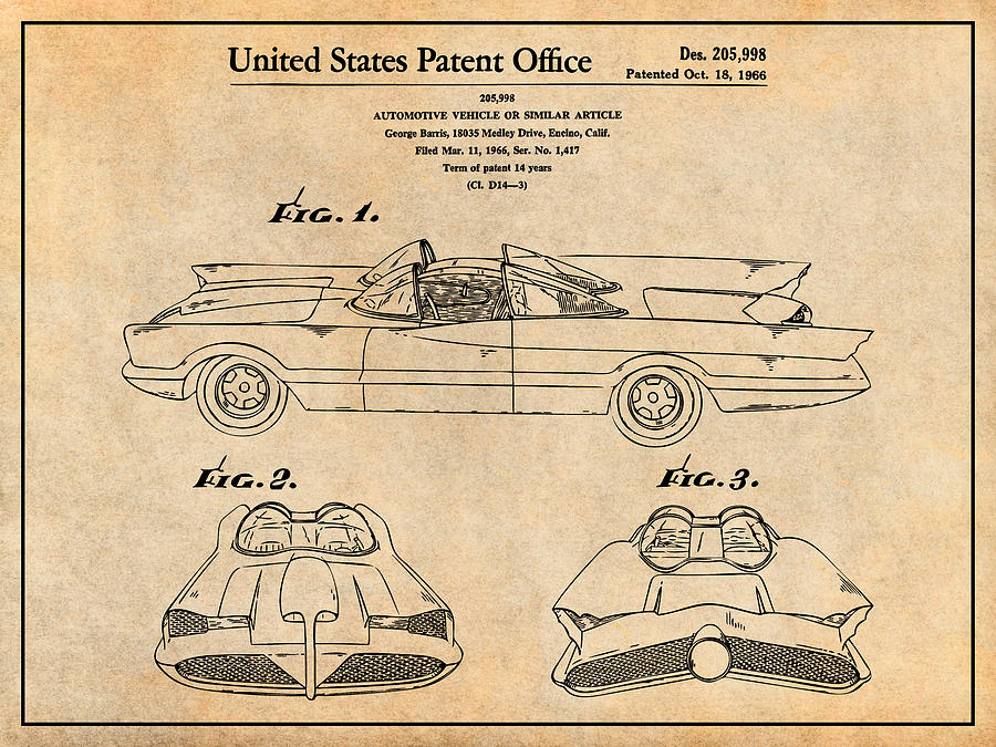 1966 George Barris Batmobile Antique Paper Patent Print Drawing by Greg Edwards