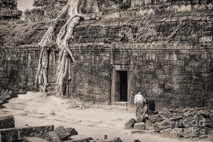 Ta Prohm Large Roots Trees Cover Ruins Cambodia Sepia  Photograph by Chuck Kuhn