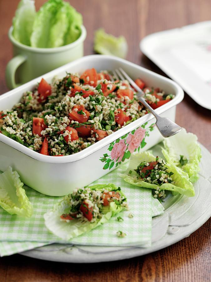 Tabbouleh lebanese Bulgur Salad In An Enamel Dish With Lettuce Leaves ...