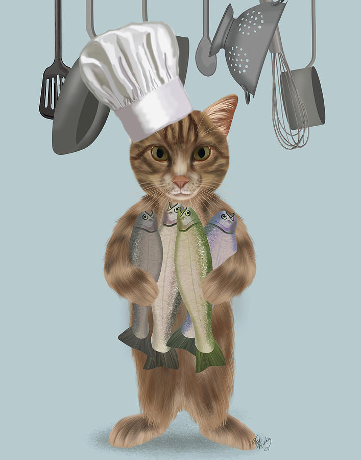 Cat Painting - Tabby Cat Fish Chef, Full by Fab Funky