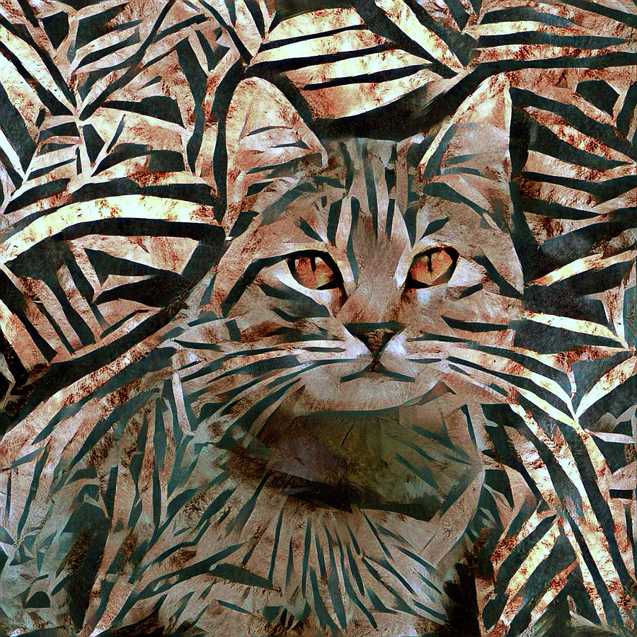 Cat Digital Art - Tabby Cat in Bamboo Forest Abstract by Peggy Collins