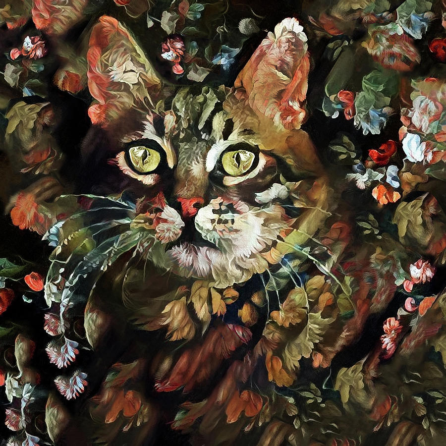 Tabby Cat Old World Floral Digital Art by Peggy Collins