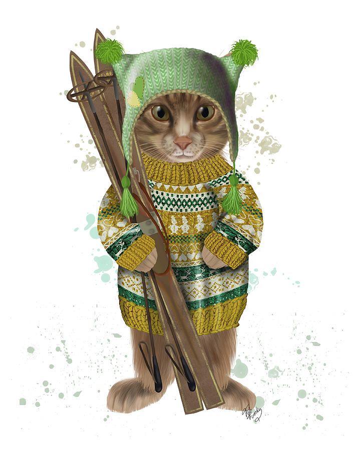 Cat Painting - Tabby Ski Cat by Fab Funky