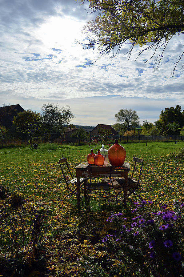 Table And Chairs In Autumnal Garden With Demijohns On Table Photograph by Christin By Hof 9