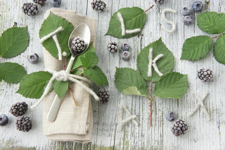 Table And Place Setting Decorations With Blackberries And Blackberry Leaves Photograph by Martina Schindler