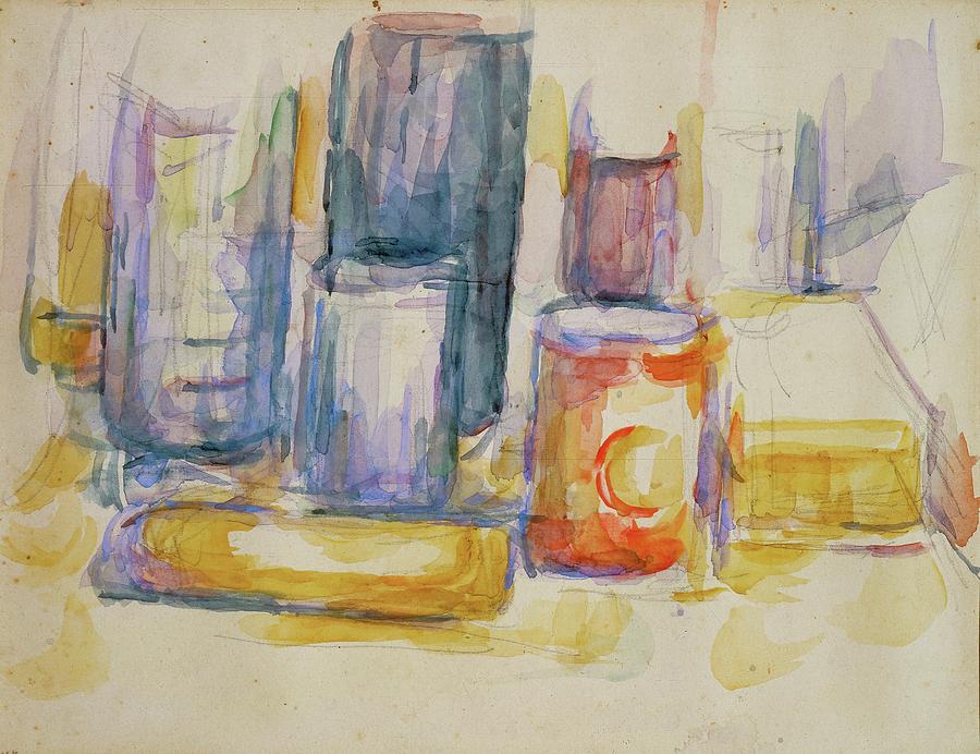 Table de cuisine, pots et bouteilles-A kitchen table, pots and bottles, 1902-1906. Painting by Paul Cezanne -1839-1906-