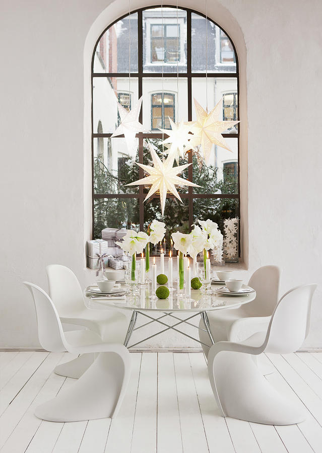 Table Decorated For Christmas With Amaryllis And White Classic Chairs Photograph by Lykke Foged & Morten Holtum