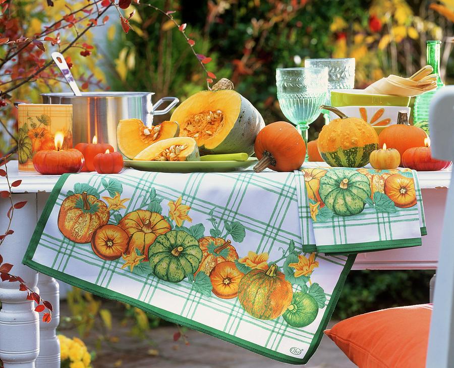 Table Decoration Of Pumpkins And Pumpkin Candles Photograph by Strauss, Friedrich
