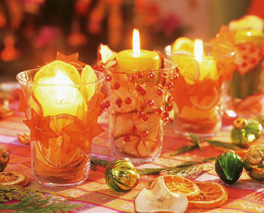 Table Decoration: Windlights With Advent Decorations Photograph by Friedrich Strauss