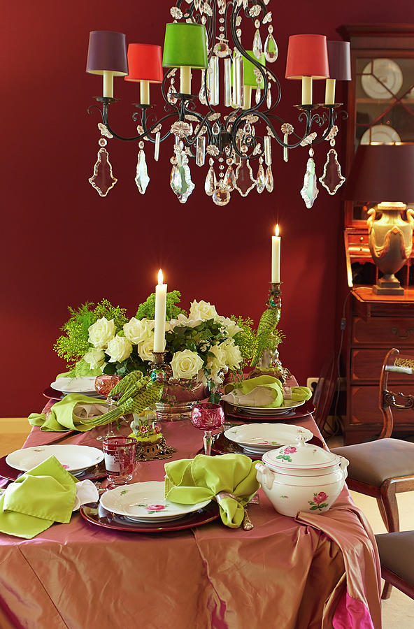 Table Festively Set In Green, Claret Red And Pink Photograph by Sven C. Raben