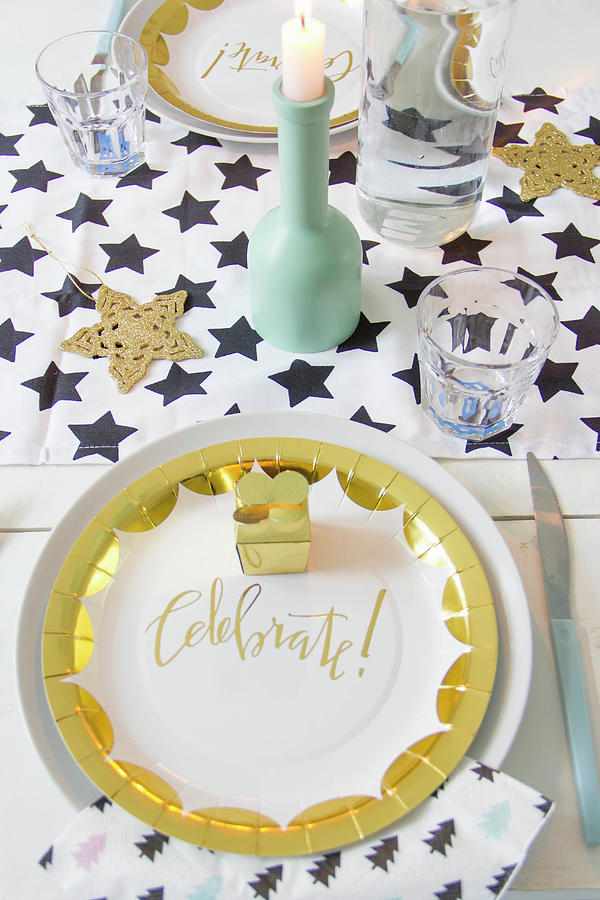 Table Festively Set With Gold Paper Plates Photograph by Ilaria Chiaratti