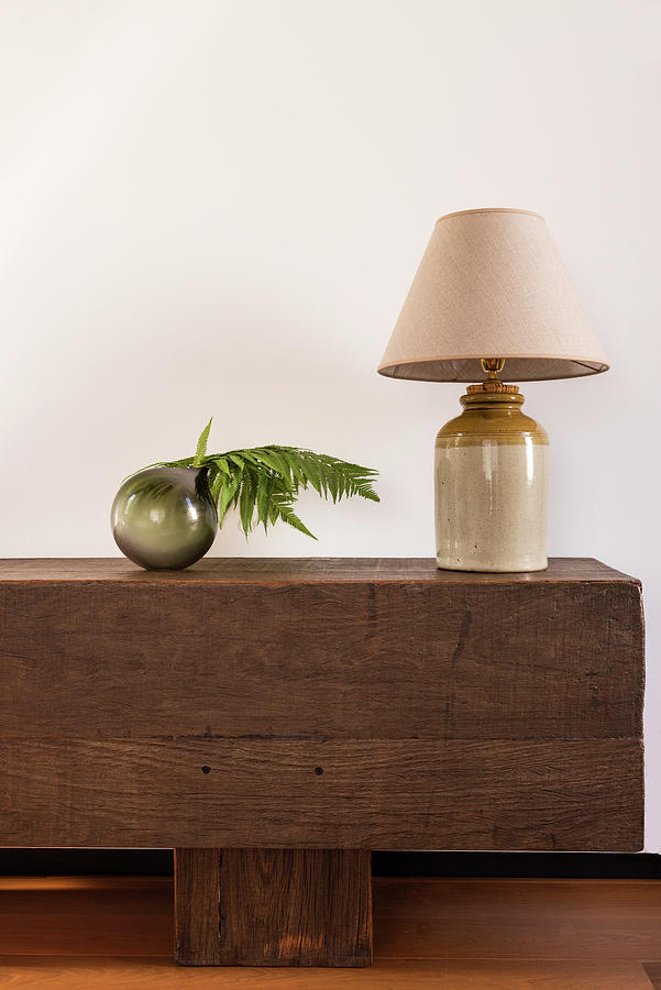 Table Lamp And Fern Leaves In Spherical Vase On Bench Made Of Wooden Beams Photograph by Celeste Najt