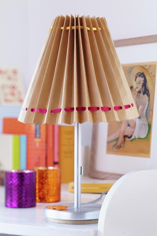 Table Lamp With Lampshade Hand-crafted From Brown Paper And Satin Ribbons Photograph by Franziska Taube