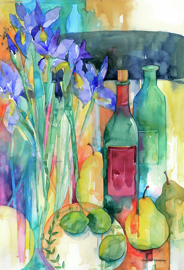 Pear Painting - Table Scape With Irises by Annelein Beukenkamp