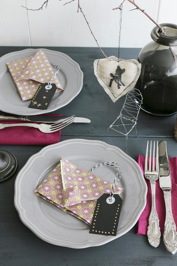 Table Set For Christmas With Napkins Folded In Shaped Of Envelopes And Hand-crafted Labels Photograph by Regina Hippel