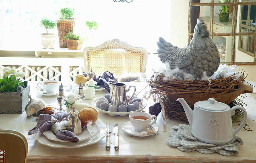 Table Set For Easter Breakfast With Hen Ornament In Nest Photograph by Sven C. Raben