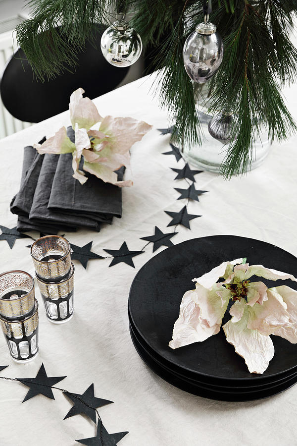 Table Set In Black And White And Decorated With Flowers For Christmas Meal Photograph by Lykke Foged & Morten Holtum