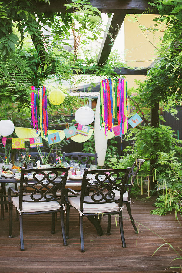 Table Set In Bright Colours On Terrace For Mexican Party Photograph by Katja Heil