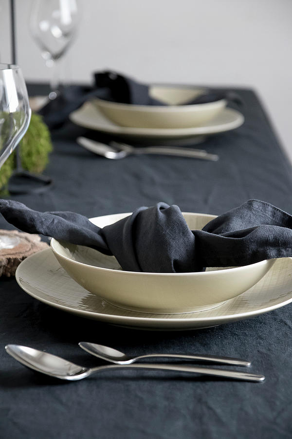 Table Set With Dark Linens And Beige Crockery Photograph by Astrid Algermissen