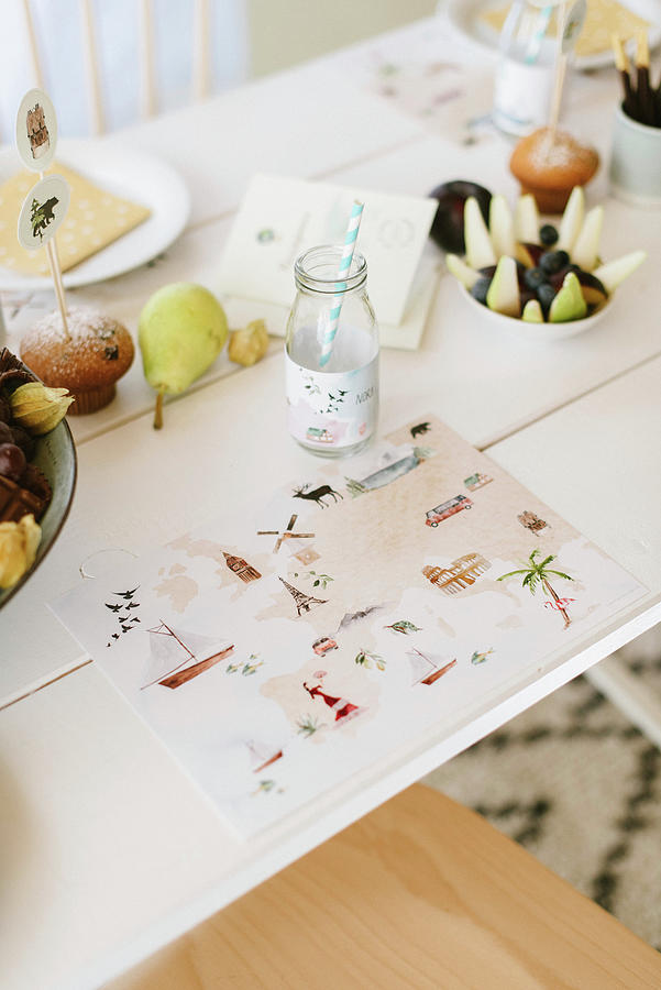 Table Set With Handmade Place Mats For Childs Birthday Party With World Travel Motif Photograph by Katja Heil