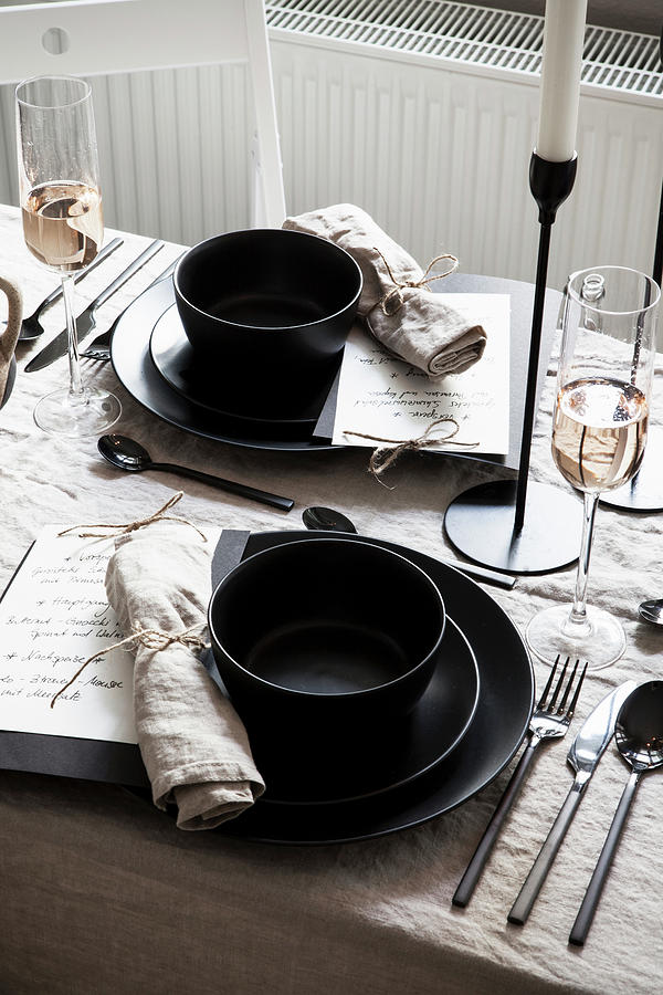 Table Set With Linen Tablecloth And Black Crockery Photograph by Hej.hem Interior