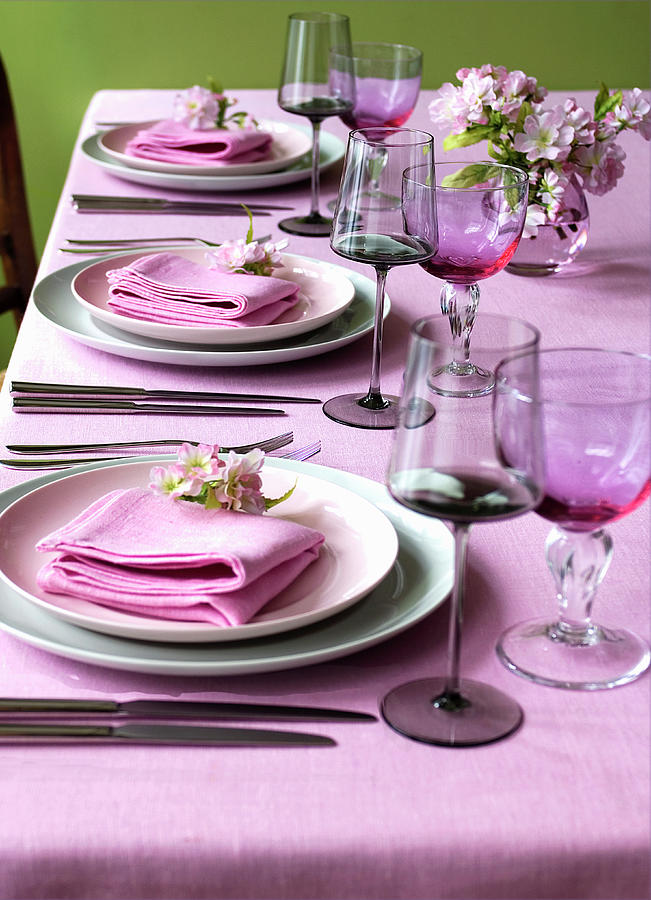 Table Set With Pink Tablecloth And Linen Napkins Photograph by Michael Paul