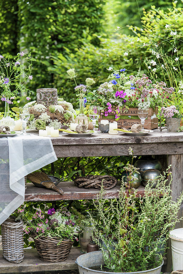 Table Set With Wildflowers In Garden Photograph by Bildhbsch