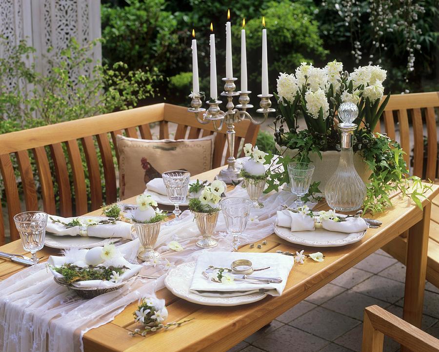 Table With White Decorations And Goose Eggs In Open Air Photograph by Strauss, Friedrich