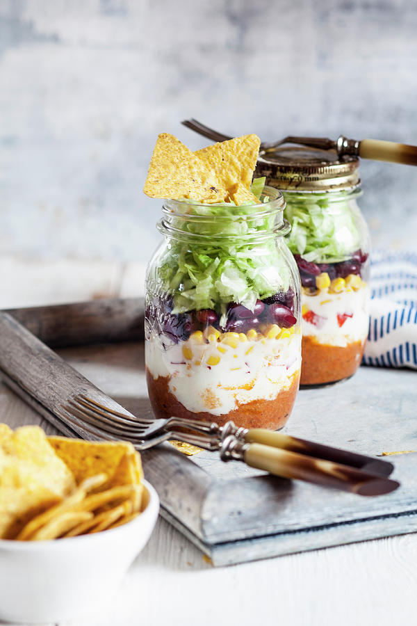 Taco Salads In Jars With Chilli Con Carne mexico Photograph by Susan Brooks-dammann