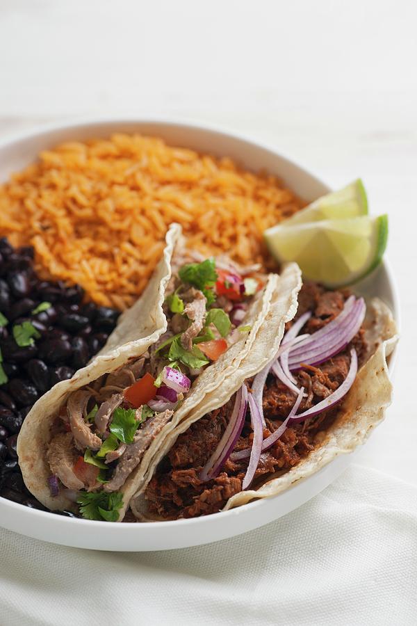Tacos With Various Meat Fillings, Black Beans And Tomato Rice Photograph by Laurange