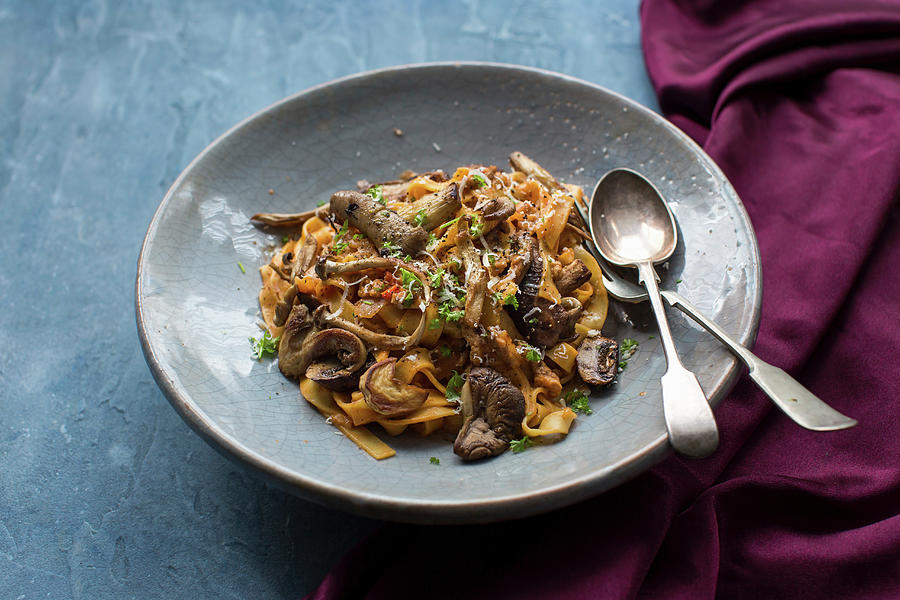 Tagliatelle With A Sauce Of Pork Mince, Garlic, Chilli, Wildmuchrooms And Two Tyles Of Cheese parmisan And Chedder With Fresh Parsley Photograph by Lara Jane Thorpe