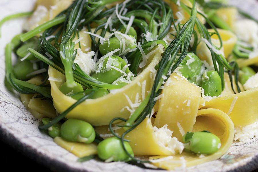 Tagliatelle With Bucks Horn Plantain, Broad Beans And Grated Parmesan Cheese Photograph by Charlotte Von Elm