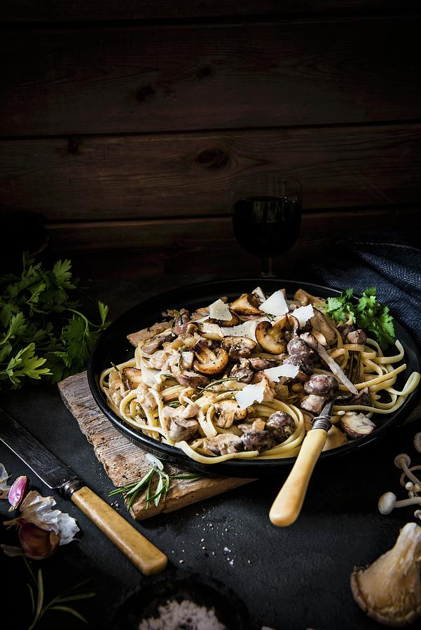 Tagliatelle With Creamy Garlic, Herb & Mushroom Sauce And Parmesan Cheese Shavings. Photograph by Magdalena Hendey