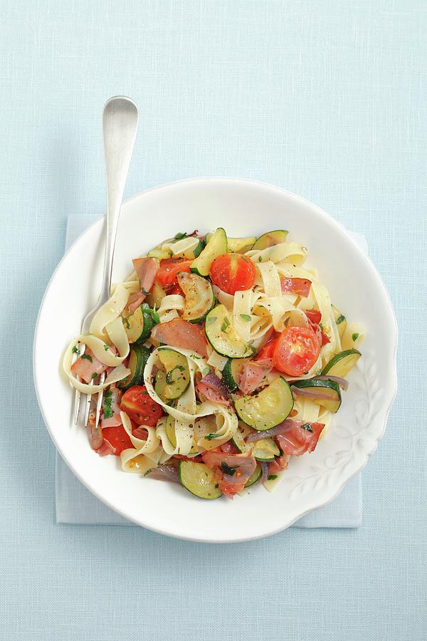 Tomato Photograph - Tagliatelle With Smoked Ham, Courgette And Cherry Tomatoes by Castilho, Rua