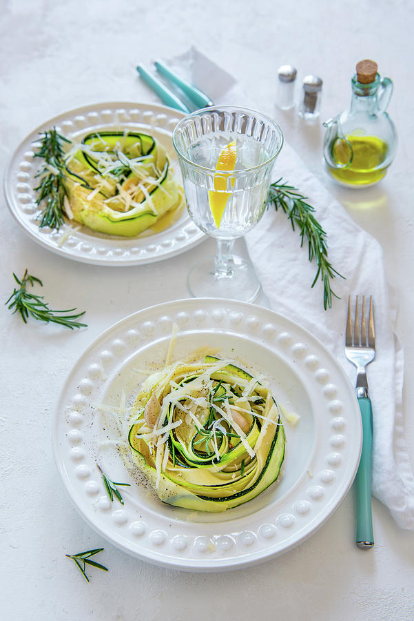 Tagliatelle With Thin Courgette Slices, Parmesan And Rosemary Photograph by Aleksandra Kordalska