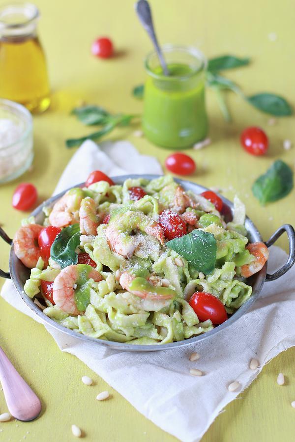 Tagliatelles With Gambas, Tomatoes And Pesto Photograph by Desgages