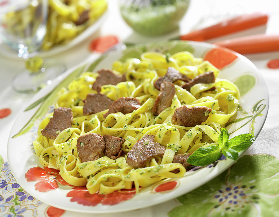 Tagliatelles With Mint Pesto And Thinly Sliced Lamb Photograph by Bertram