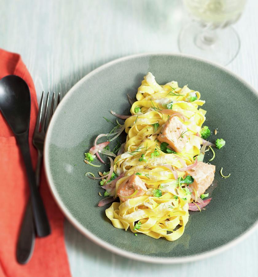 Tagliatelles With Salmon, Broccolis And Shallots Photograph by Garnier
