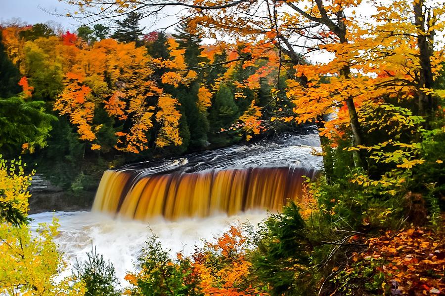 Waterfall Photograph - Tahquanemon Falls Framed by Autumn Colors by Tammy Verbrick