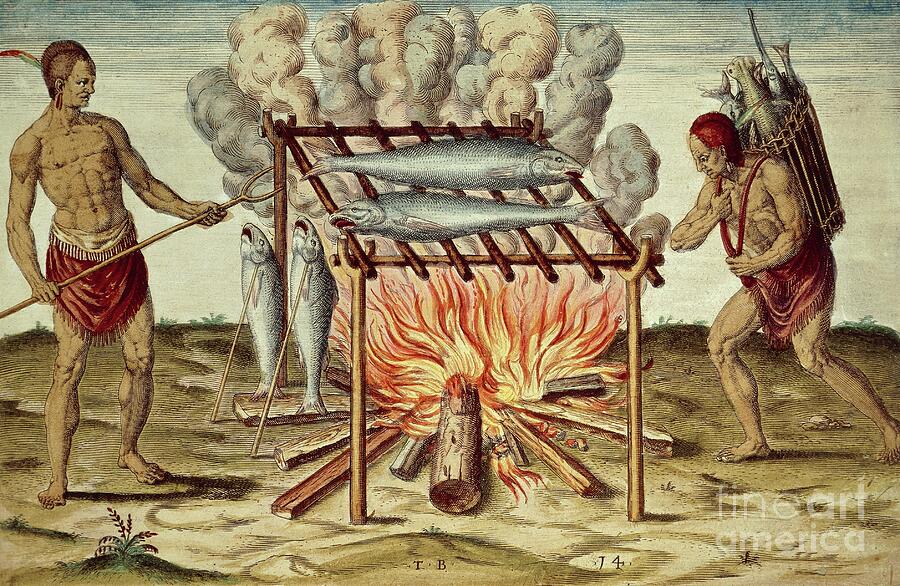 Taino Natives Cooking Fish Colour Engraving By Theodor De Bry Painting