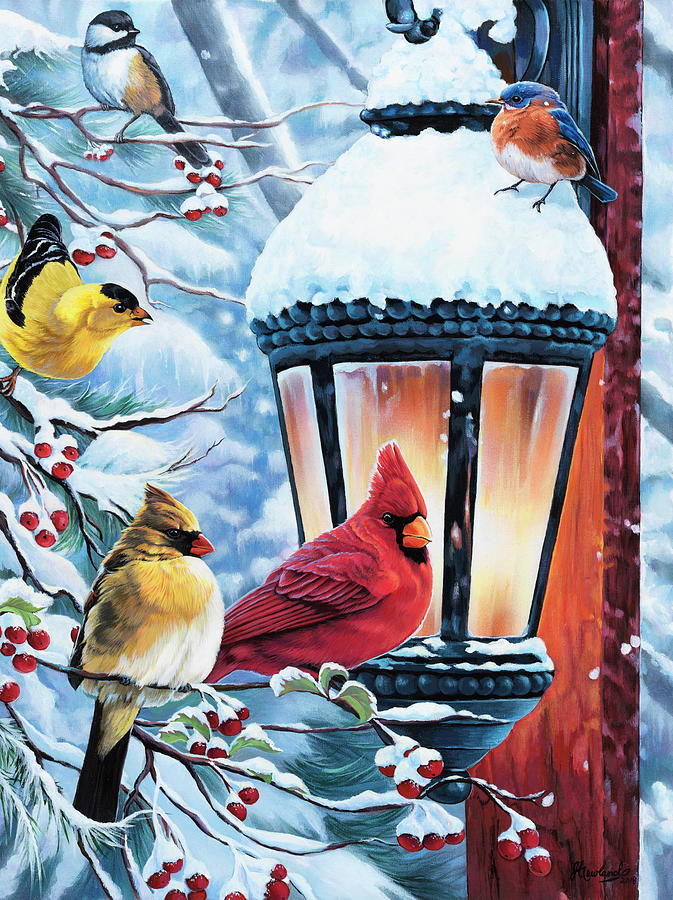 Christmas Painting - Taking The Chill Off The Feathers by Jenny Newland