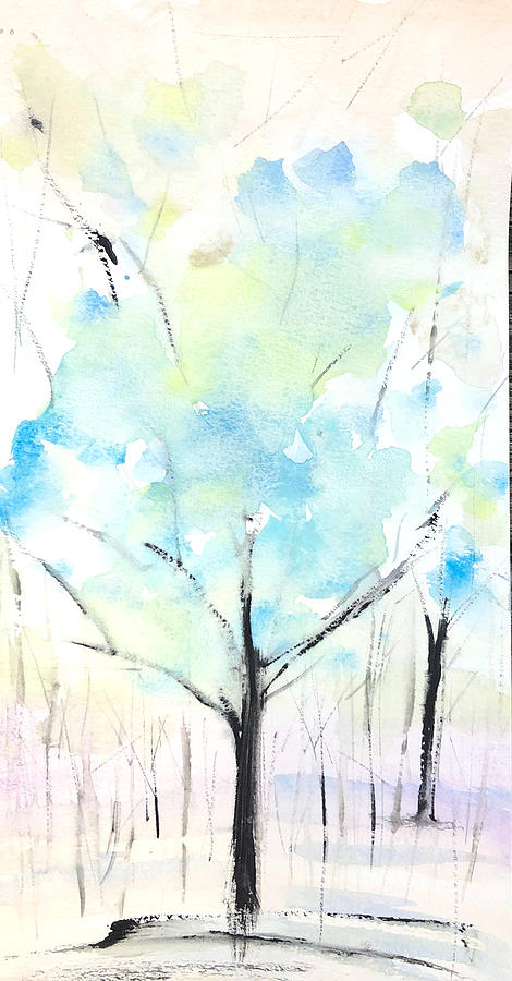 Tale Of 3 Trees Blue Painting by Sallie Otenasek