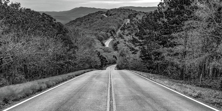 Black And White Photograph - Talimena Scenic Byway Drive and Winding Stair Mountain Panorama - Black and White by Gregory Ballos