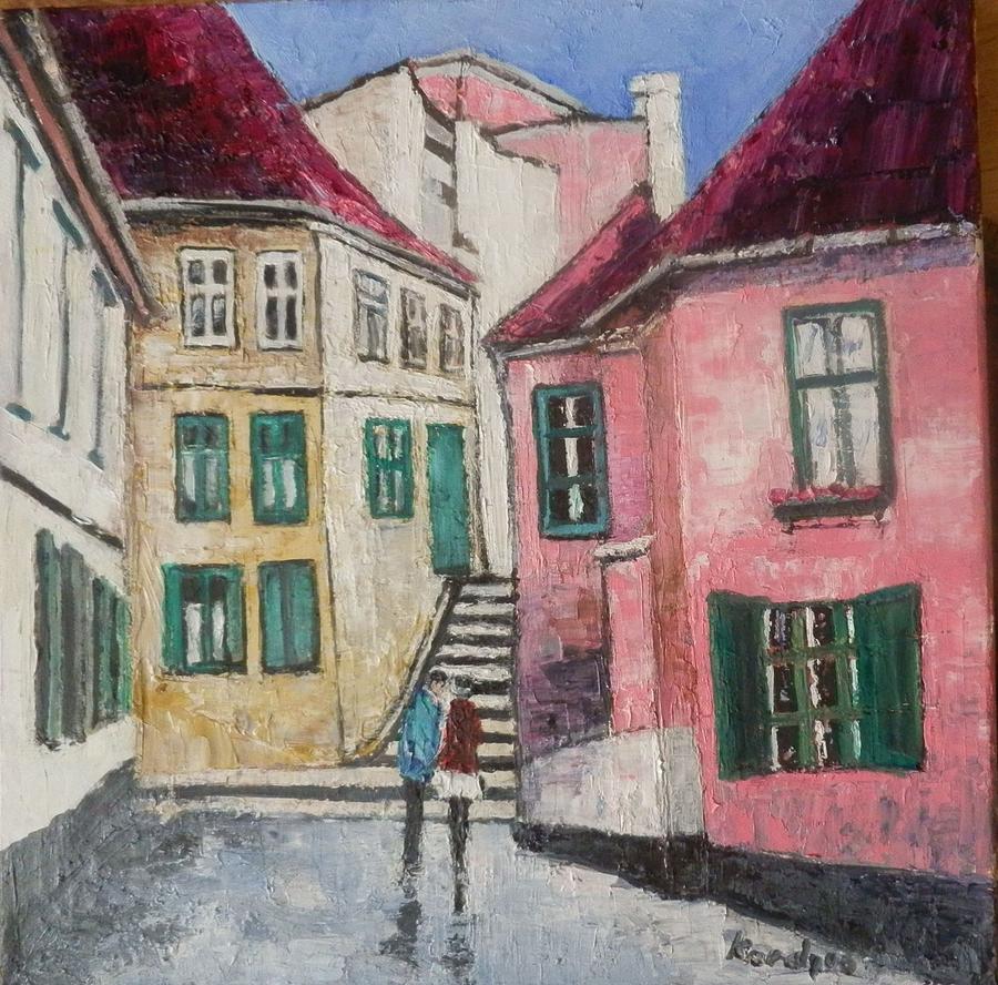 Cityscape Painting - Talking on Sibiu street by Maria Karalyos