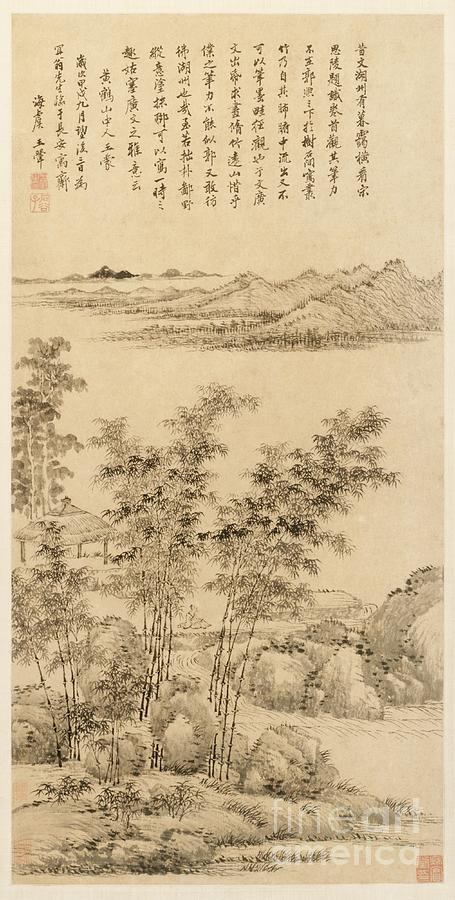 Tall Bamboo And Distant Mountains Drawing by Heritage Images