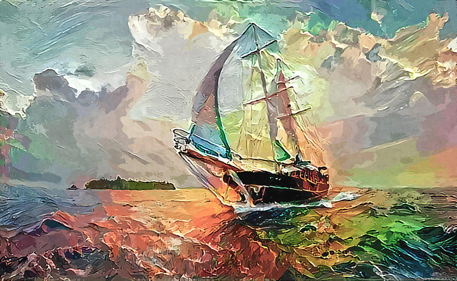 Tall Ship Sails Toward Shore Abstract Painted Digitally  Photograph by Sandi OReilly