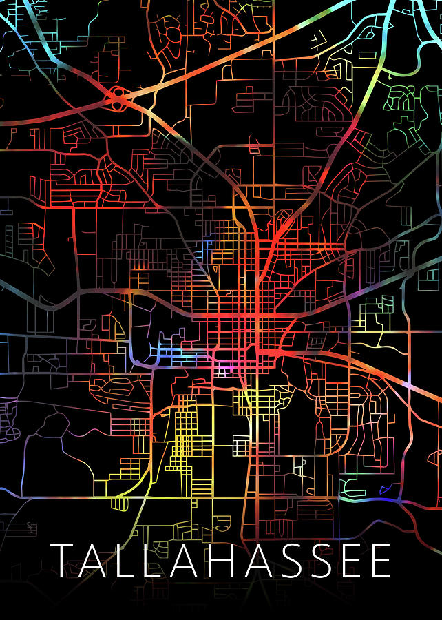 Tallahassee Florida Watercolor City Street Map Dark Mode Mixed Media by ...