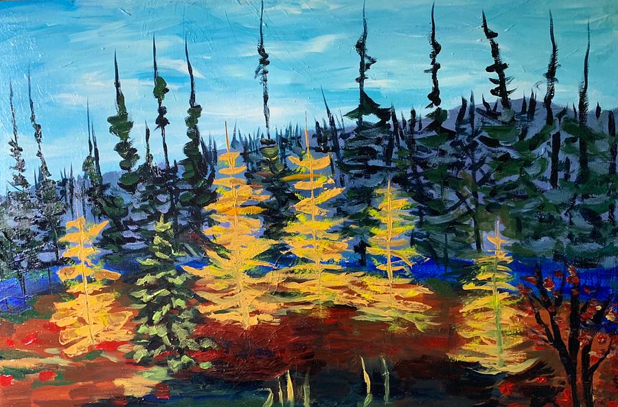 Tamaracks in Autumn  Painting by Judy Dimentberg