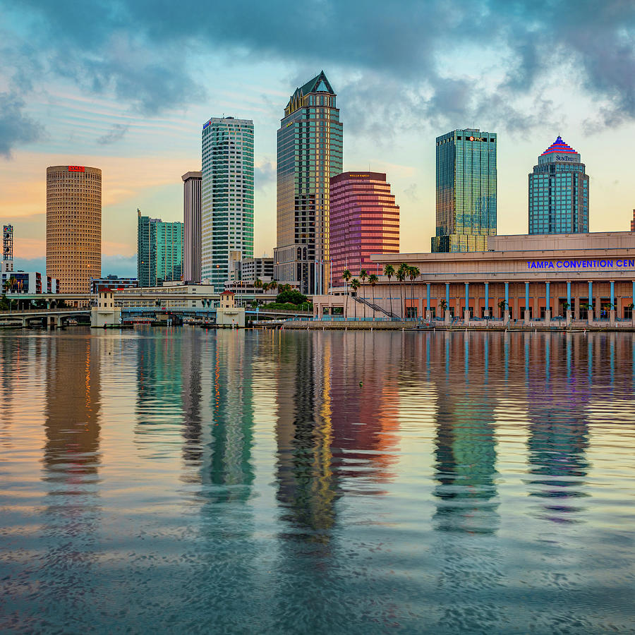 Tampa Skyline Photograph - Tampa Florida Skyline Reflections on the Bay 1x1 by Gregory Ballos
