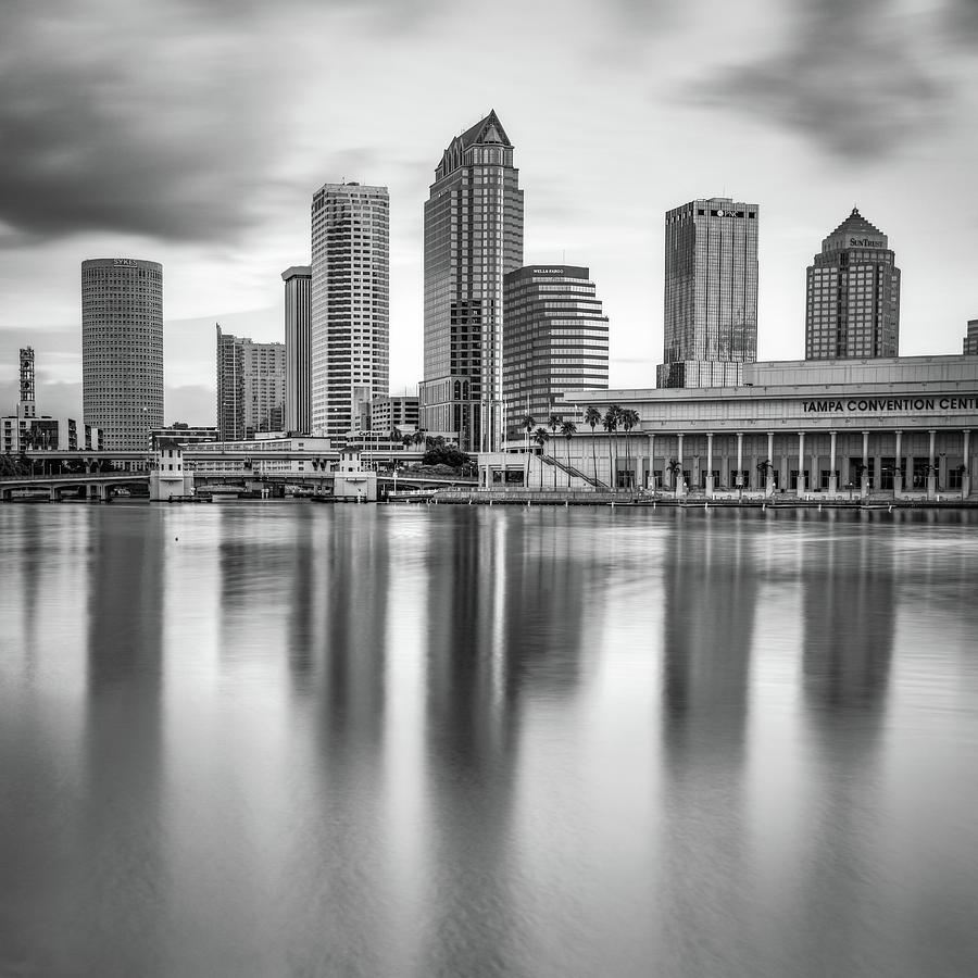 Black And White Photograph - Tampa Bay Skyline in Monochrome 1x1 by Gregory Ballos